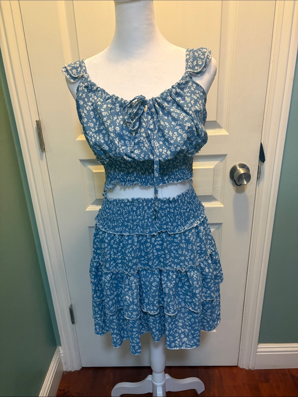 SHEIN Blue Floral Smocked Mini Dress Set